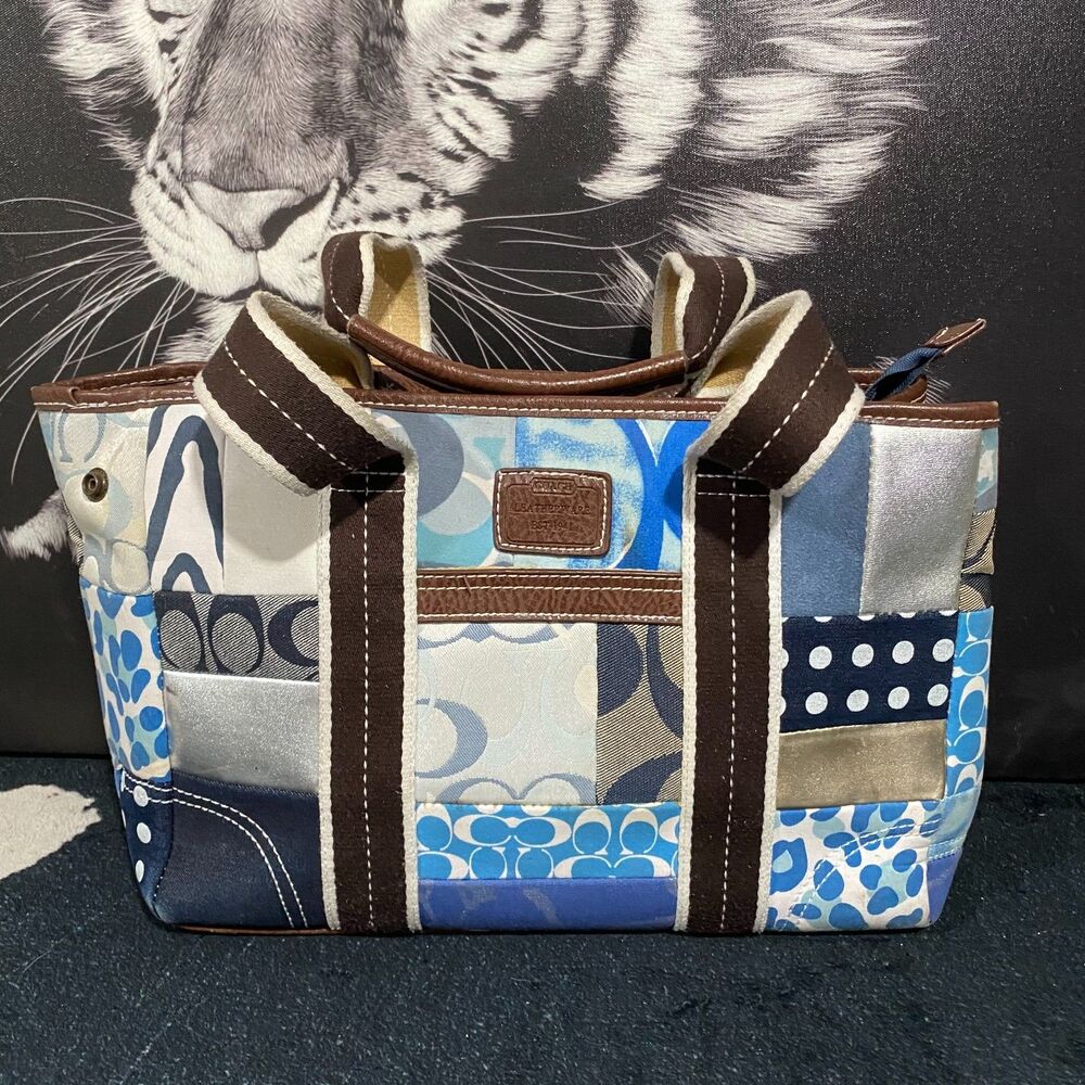 Vintage Coach Hamptons Tote Shoulder Bag Women's Blue Canvas Double Handle Retro